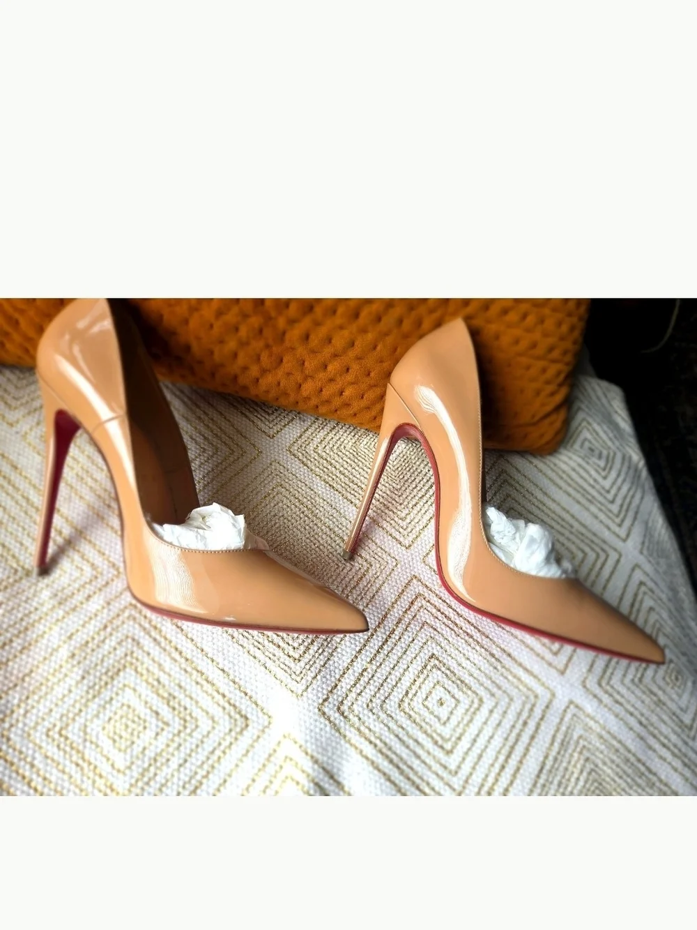 Christian Louboutin Beige Patent Leather Pointed Toe Pumps with Red Soles